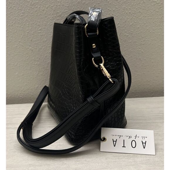 AOTA Elena Crossbody Bucket Bag Black Vegan Croc Rachael Zoe Fall Curation - Picture 7 of 15